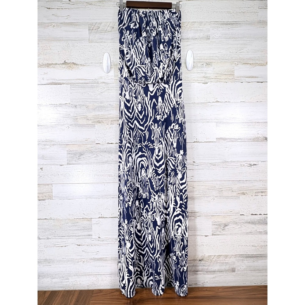 Lilly Pulitzer Maxi Dress XS Blue Zebra Strapless Abstract Chic Boho Vacation